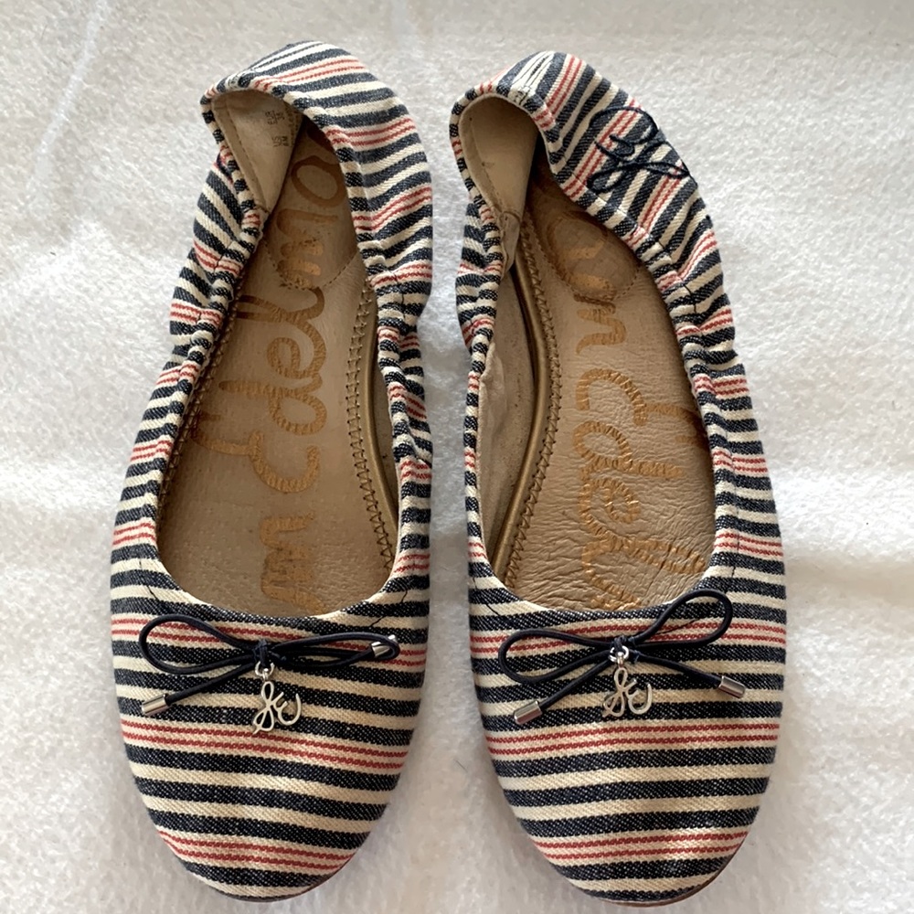 EUC Sam Edelman size 8 striped canvas ballet flat in cream, navy blue, red